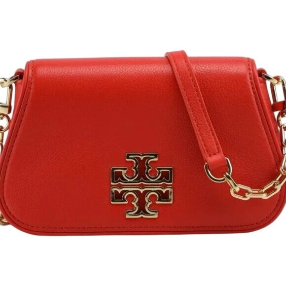 Tory Burch Britten Logo Samba Orange Leather Crossbody - Picture 1 of 7